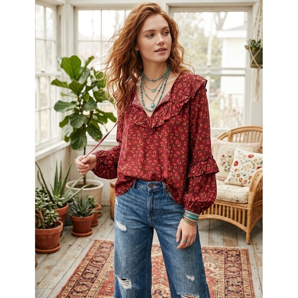 Sonoma Goods for Life XL Burgundy Floral Ruffle Tie Neck Rayon Blouse Top